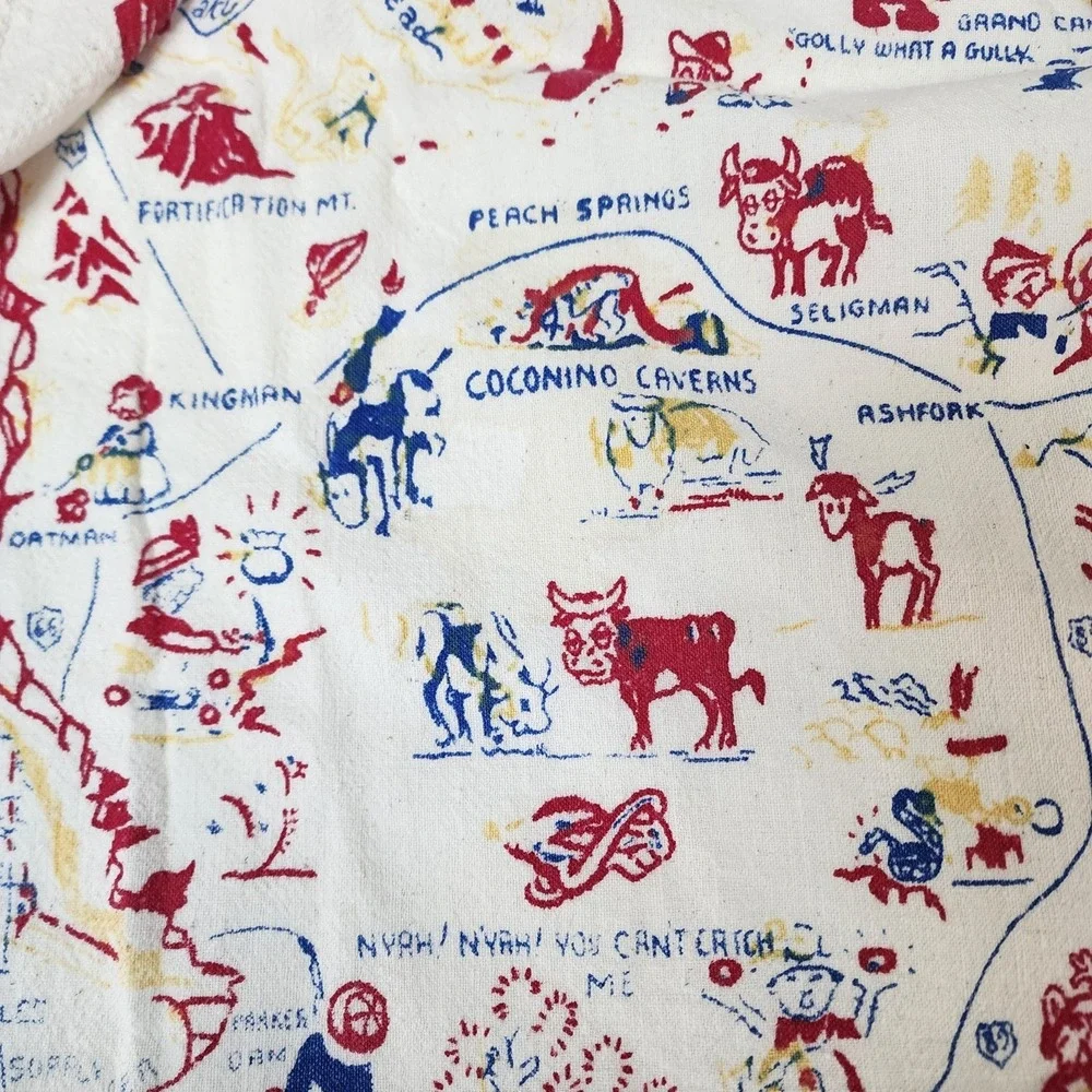 Vintage ARIZONA State Pictoral Map Souvenir Tablecloth Table Cover 42x48 1950's